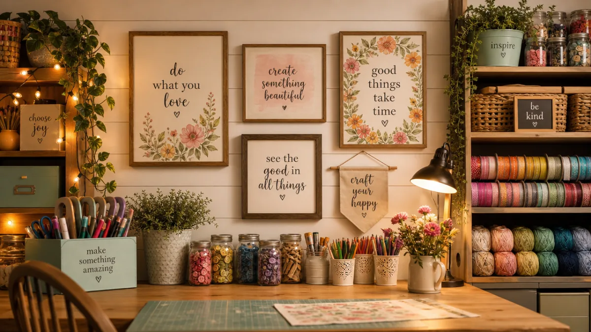 a cozy craft room with warm golden lighting showing framed quote prints…