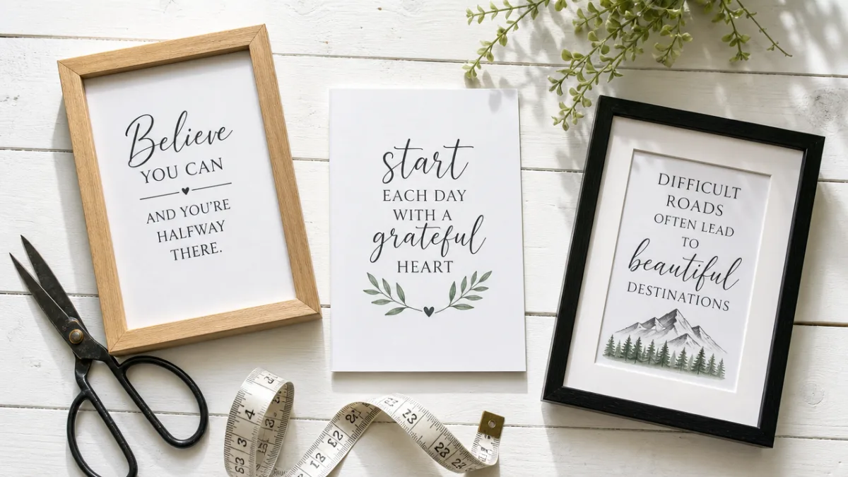 a flat lay of printed quote art on cardstock with frames, scissors,…