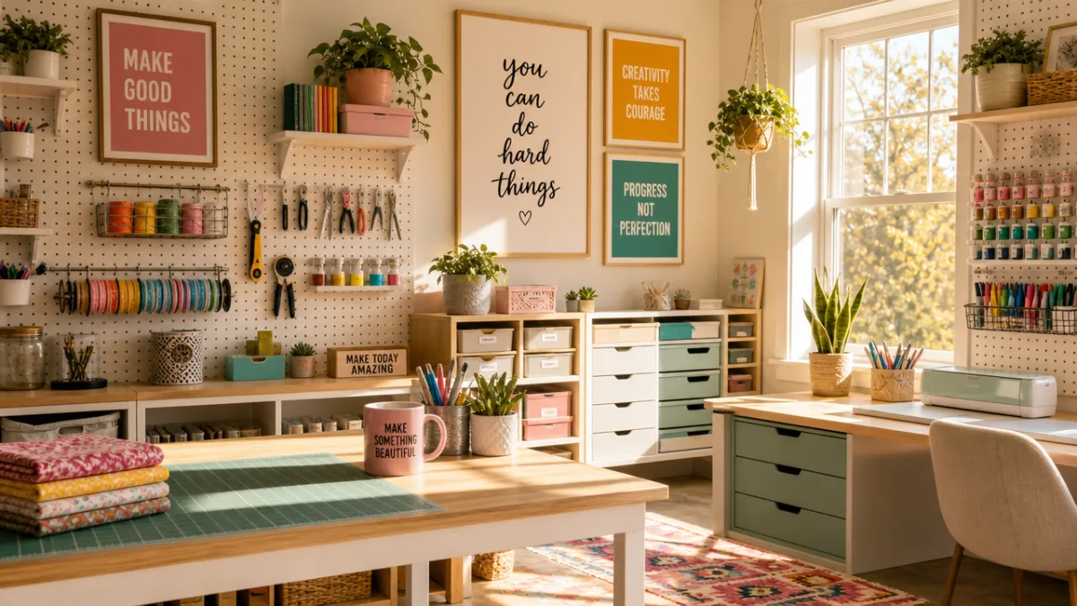 a bright organized craft studio with pegboard walls, colorful tools, and framed…