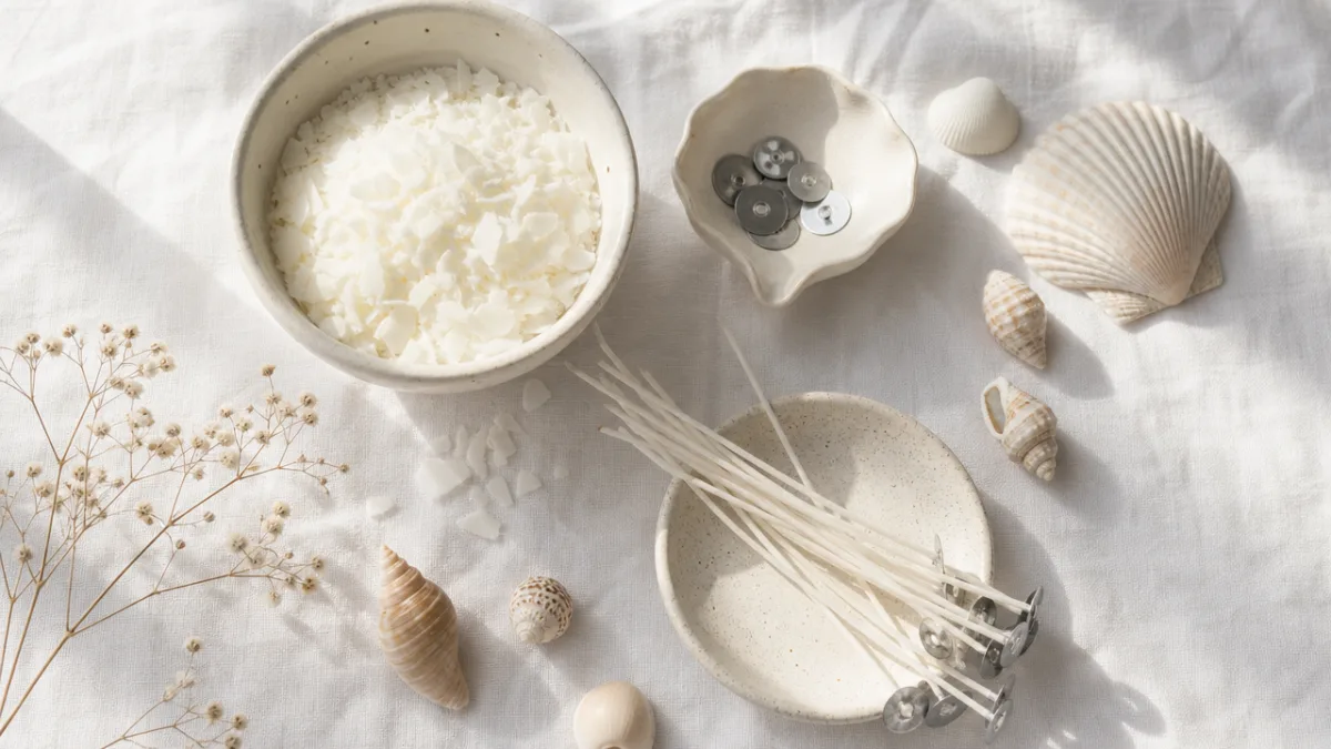 a flat lay of craft supplies including soy wax flakes, seashells, and…
