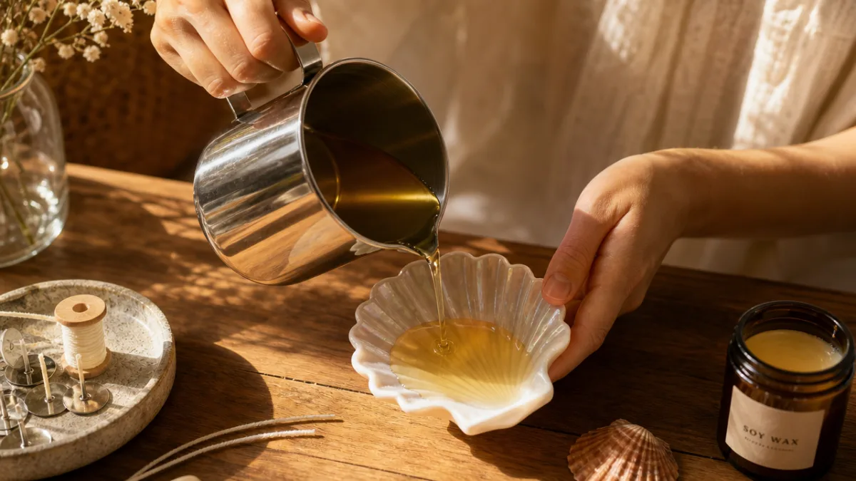 hands pouring warm golden soy wax into a pearl-white scallop shell on…