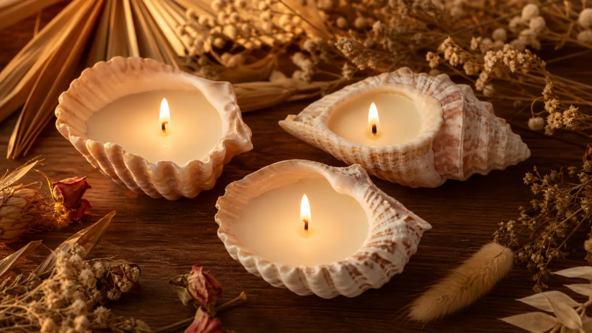 three finished seashell soy candles glowing on a wooden surface surrounded by…