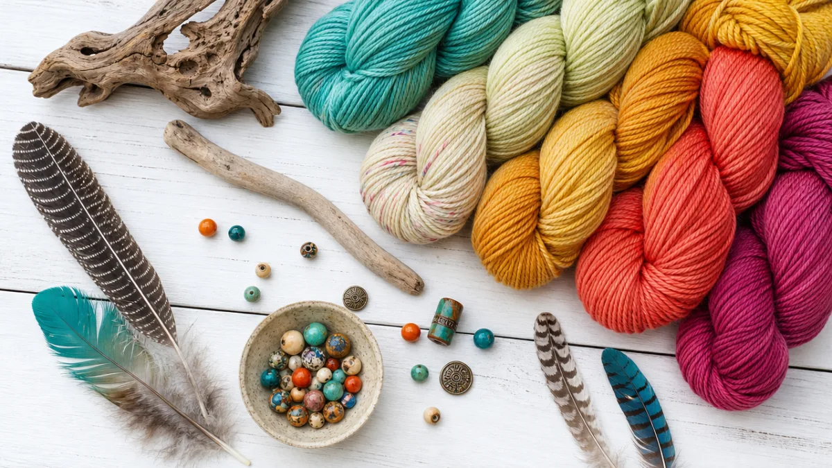 a flat lay of colorful yarn skeins, driftwood, feathers, and beads on…