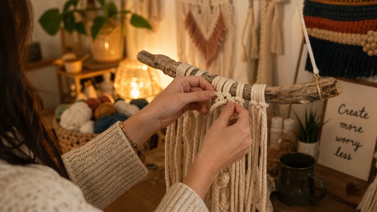 a woman's hands tying yarn knots onto a wooden branch, warm indoor…