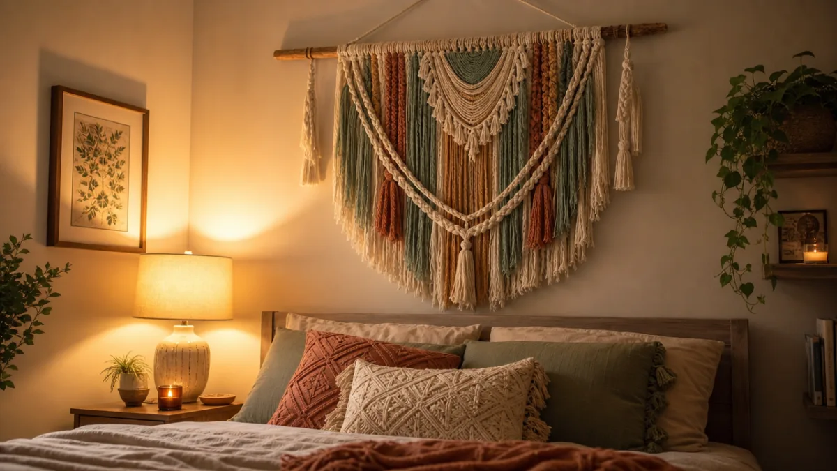 a finished bohemian yarn wall hanging displayed above a cozy bed, warm…