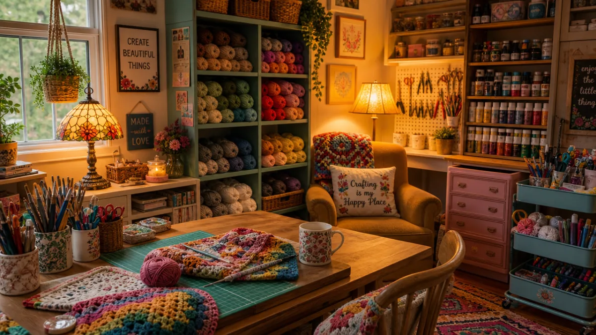 a cozy, colorful craft room with organized shelves of yarn, paints, and…