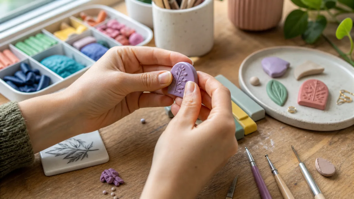 a close-up of hands working with polymer clay, soft natural light from…