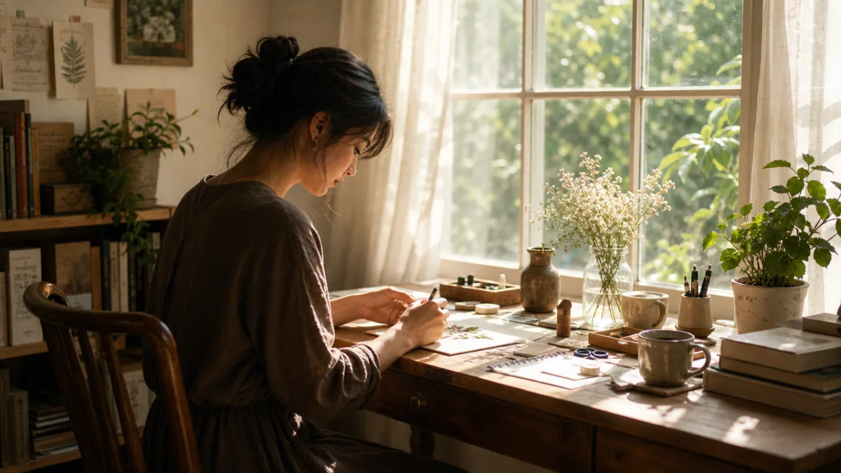 a serene afternoon scene of a person crafting at a wooden desk…
