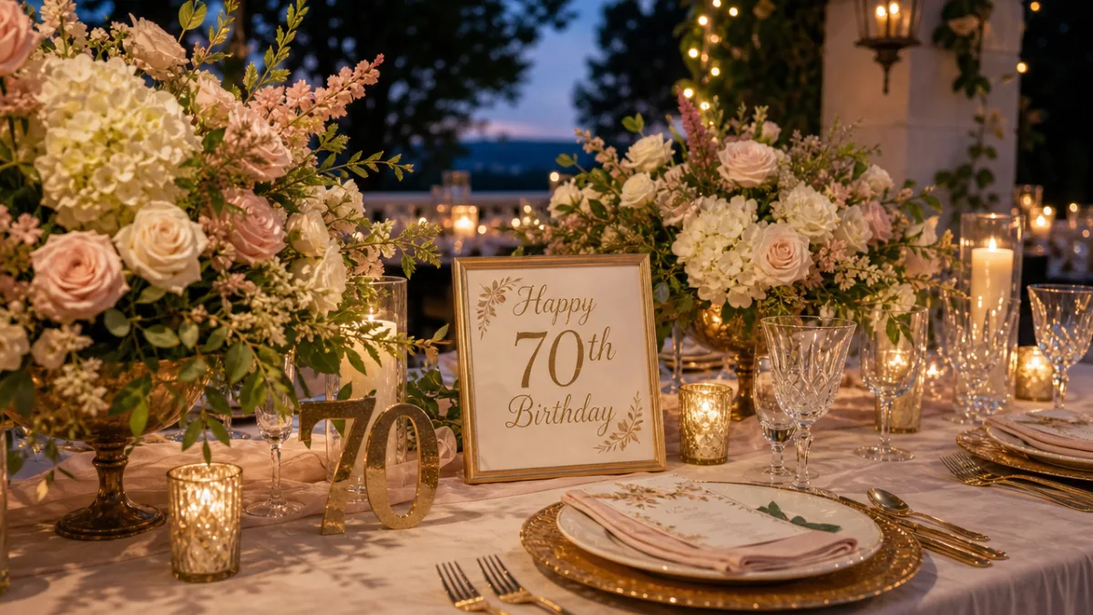 a festive 70th birthday table with elegant floral arrangements and candles glowing…