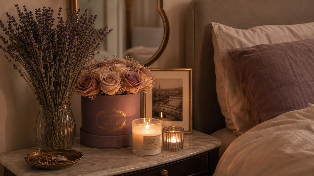 a cozy bedroom vignette with dried lavender and preserved roses beside flickering…