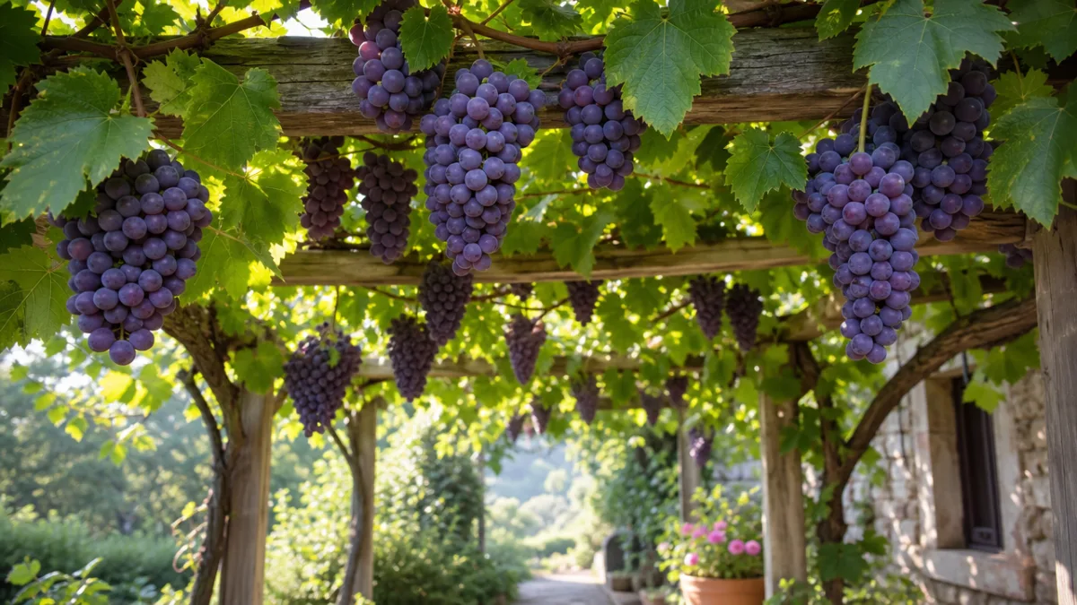 ripe purple grape clusters hanging from a wooden arbor overhead, lush green…