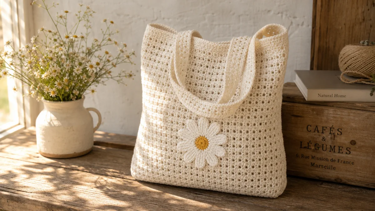 a natural white crochet tote bag with daisy detail displayed on a…