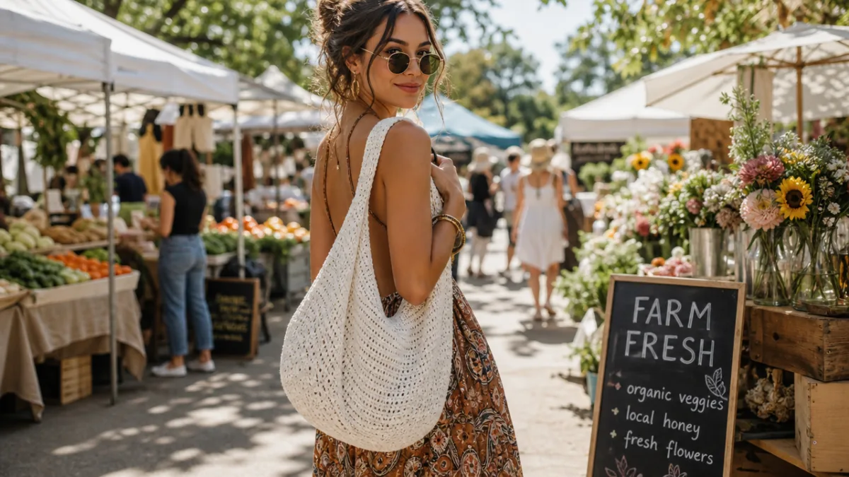 a stylish woman carrying a white crochet hobo tote bag outdoors at…