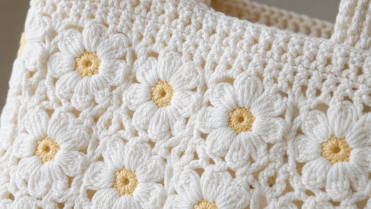 a close-up of intricate white crochet daisy motif texture on a tote…