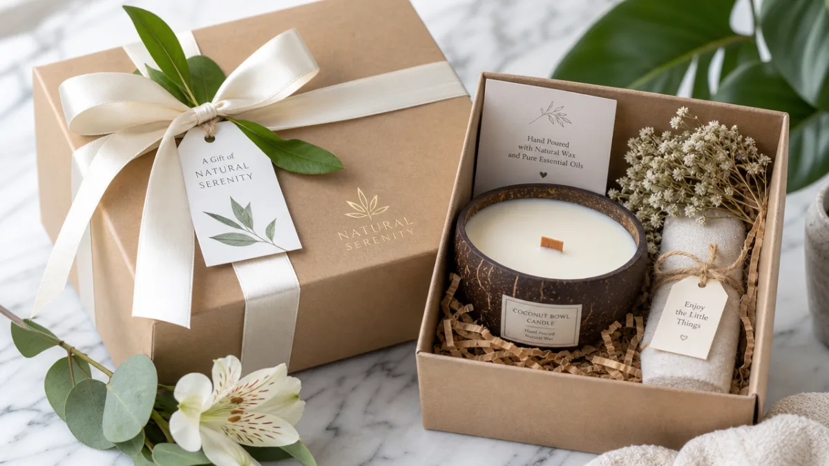 an elegantly wrapped coconut bowl candle gift set on a marble surface,…