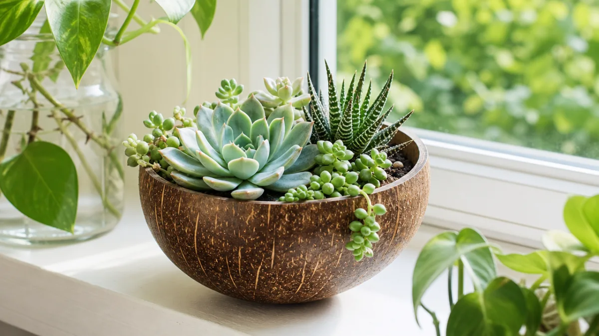 a cleaned coconut shell bowl repurposed as a succulent planter on a…