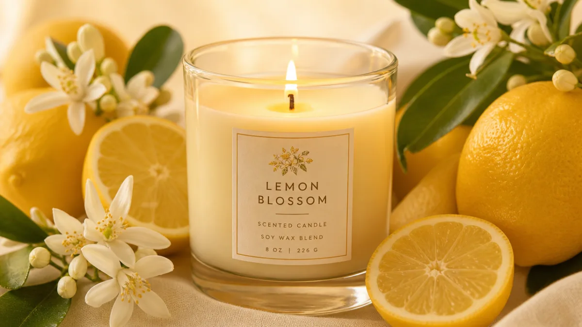 a close-up of a lit lemon blossom candle in a glass vessel…