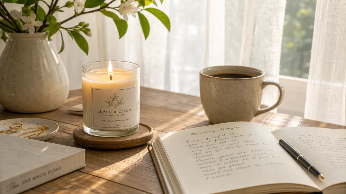 a serene morning ritual scene with a lemon blossom candle burning beside…