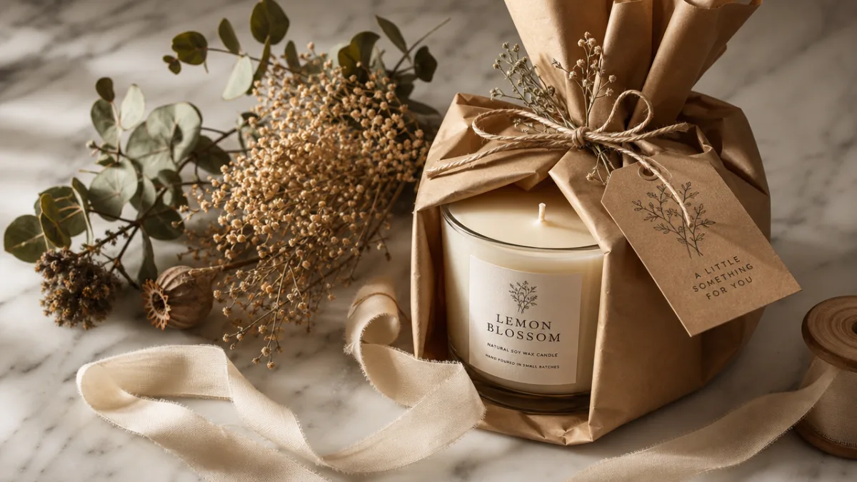 an elegant candle gift arrangement with a lemon blossom candle tied in…