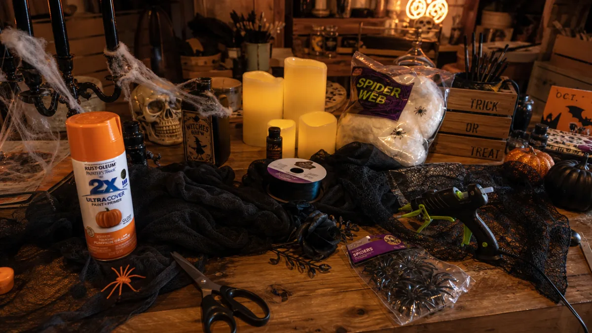 a cluttered craft table covered with Halloween supplies including orange spray paint,…