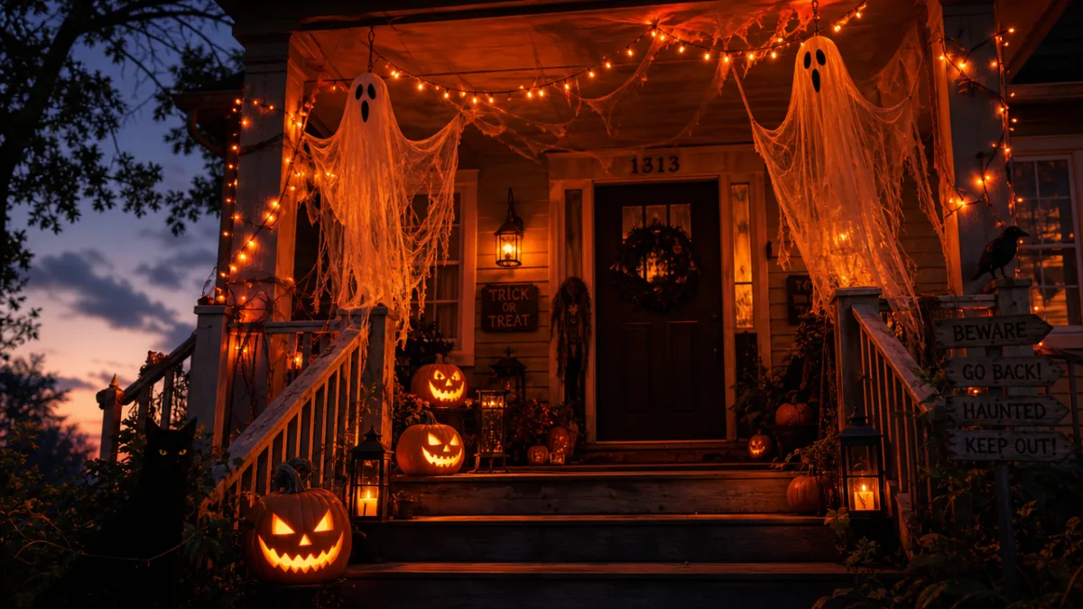 a Halloween front porch at dusk with glowing jack-o-lanterns, hanging cheesecloth ghosts,…