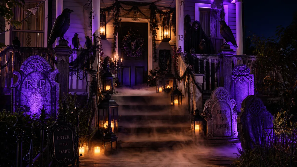 a dramatically decorated Halloween front porch with gothic theme, purple uplighting on…