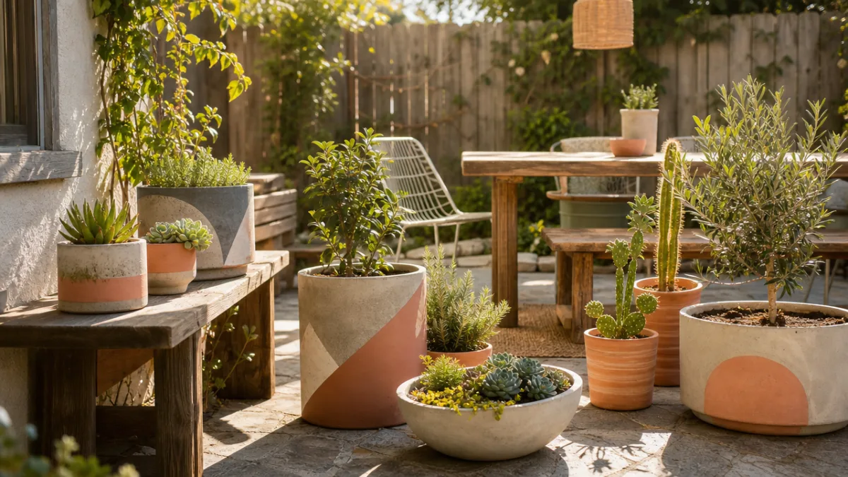 a sunlit backyard patio with handmade concrete and terracotta DIY planters, warm…