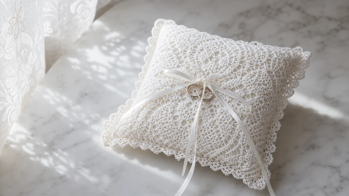 a delicate white lace crochet ring pillow on a marble surface, soft…