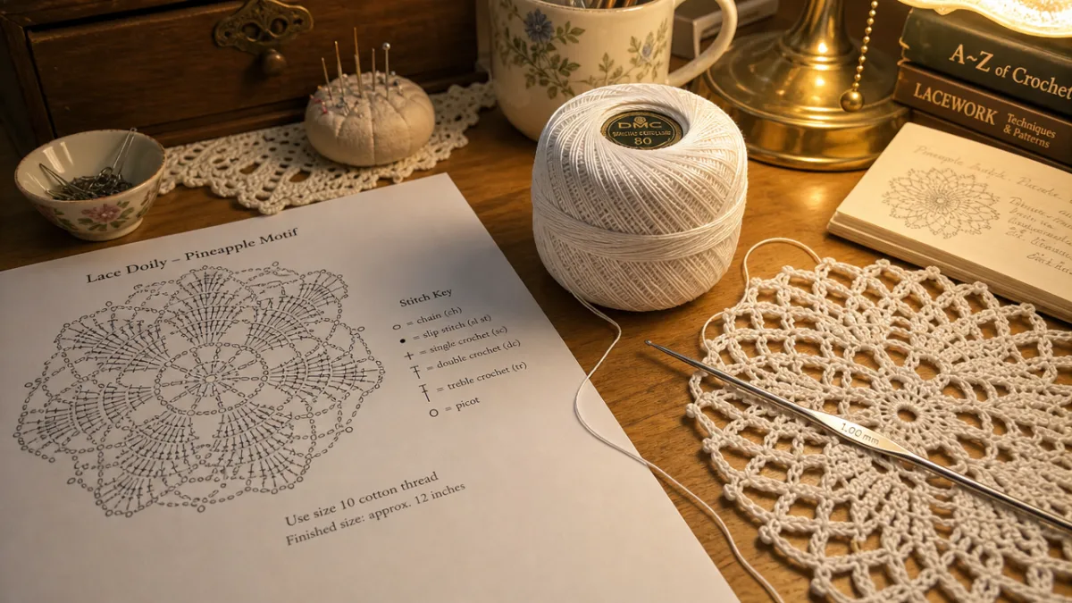 a crafter's workspace with white cotton lace thread, a fine steel crochet…