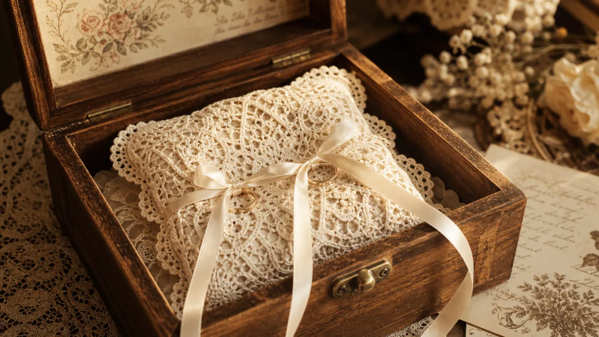 an ivory lace crochet ring pillow with satin ribbon ties displayed in…