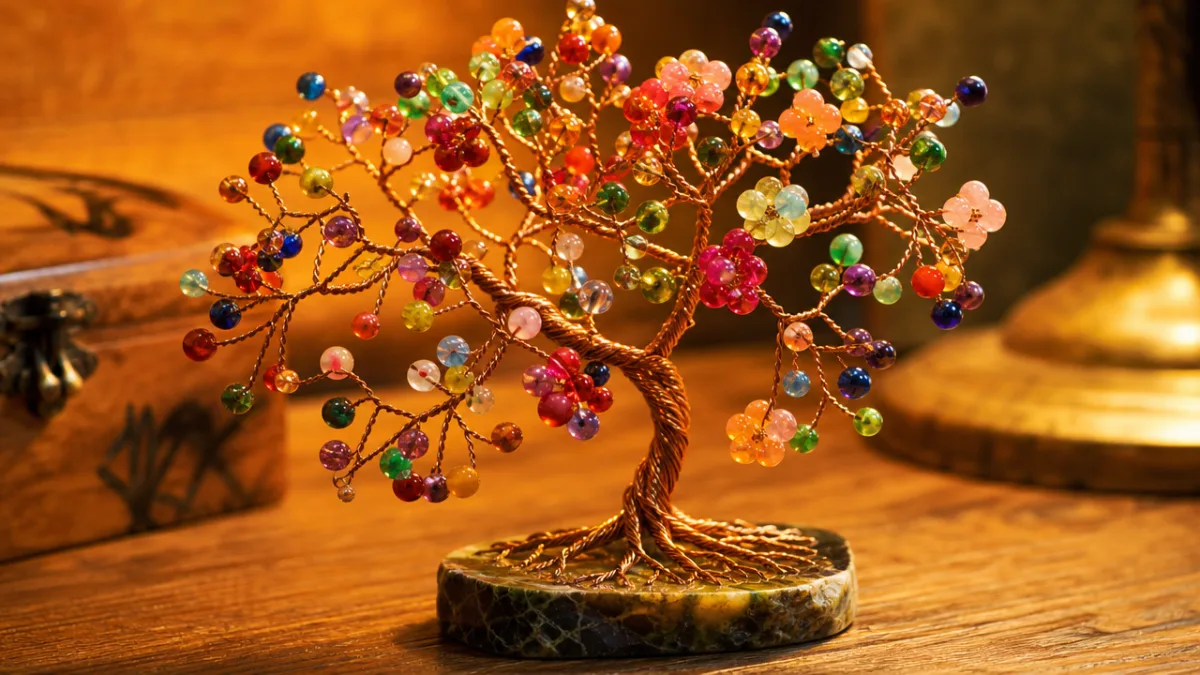 a close-up of colorful beaded wire tree sculpture on a wooden table,…