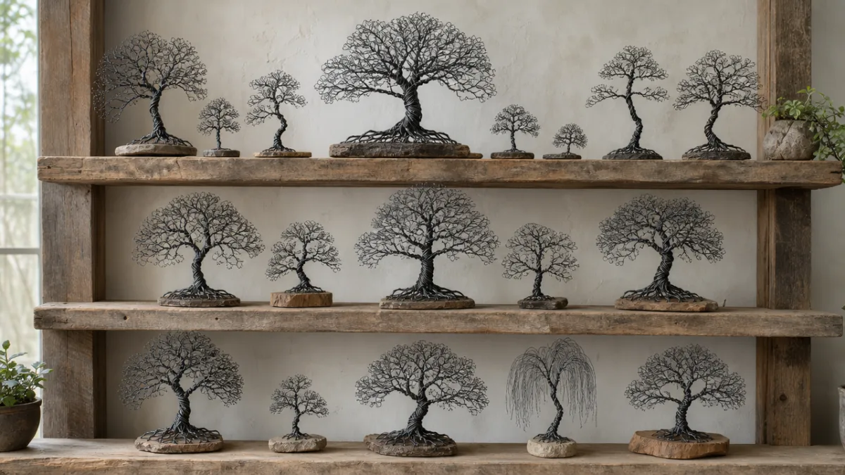 an array of wire tree sculptures in various sizes displayed on rustic…