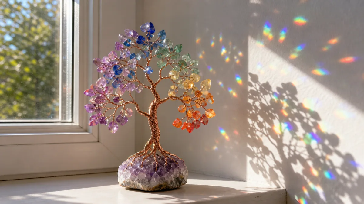 a single glowing gemstone wire tree on a windowsill catching sunlight, casting…