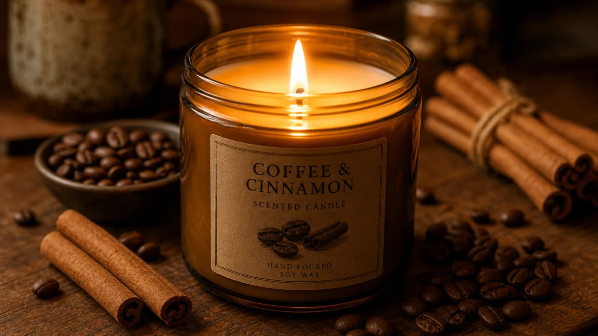 a warm close-up of a lit coffee-scented candle on a wooden table…