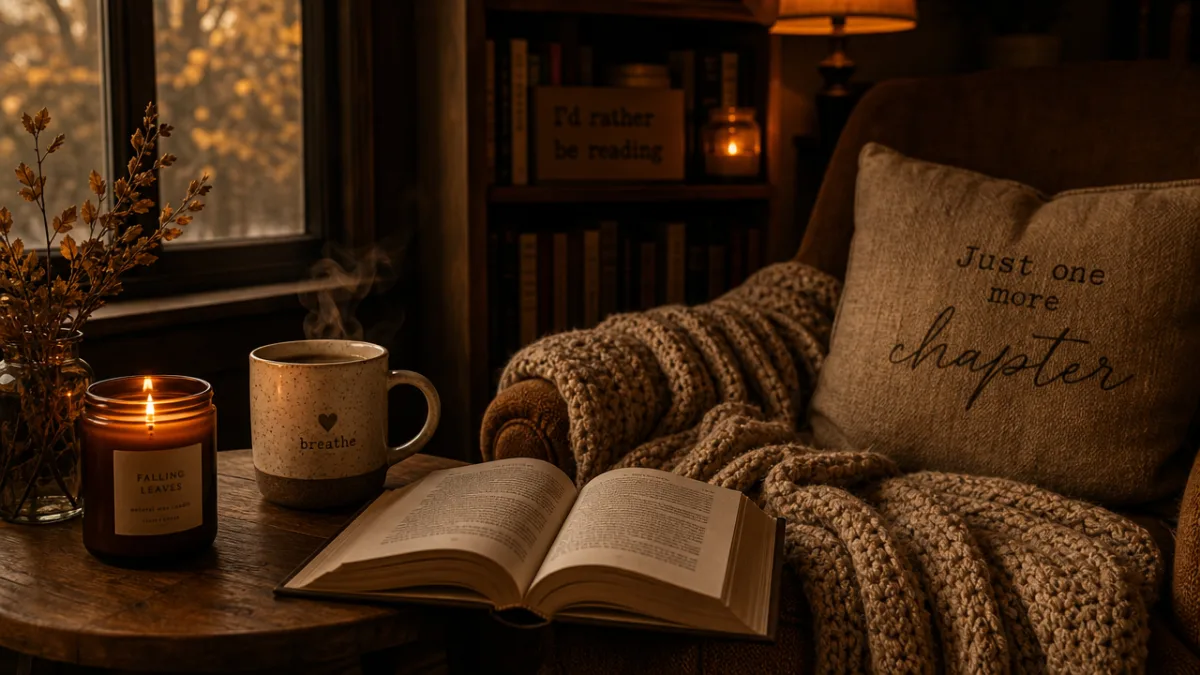 a cozy reading nook with a lit candle, steaming coffee mug, open…