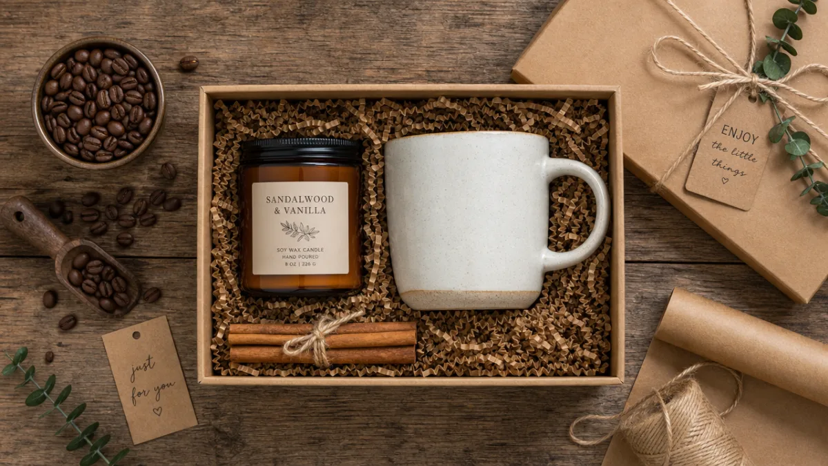 a flat lay of a candle gift set with ceramic mug, coffee…