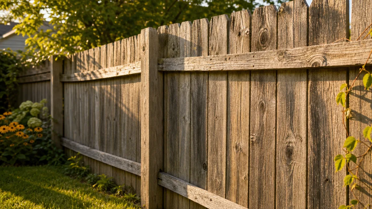 a weathered gray wooden fence in a backyard on a sunny afternoon,…