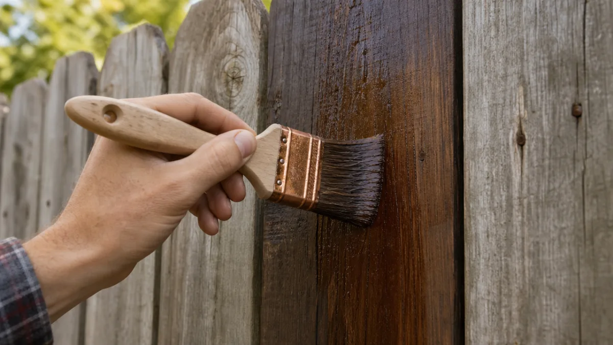 close-up of someone applying wood stain to a fence board with a…