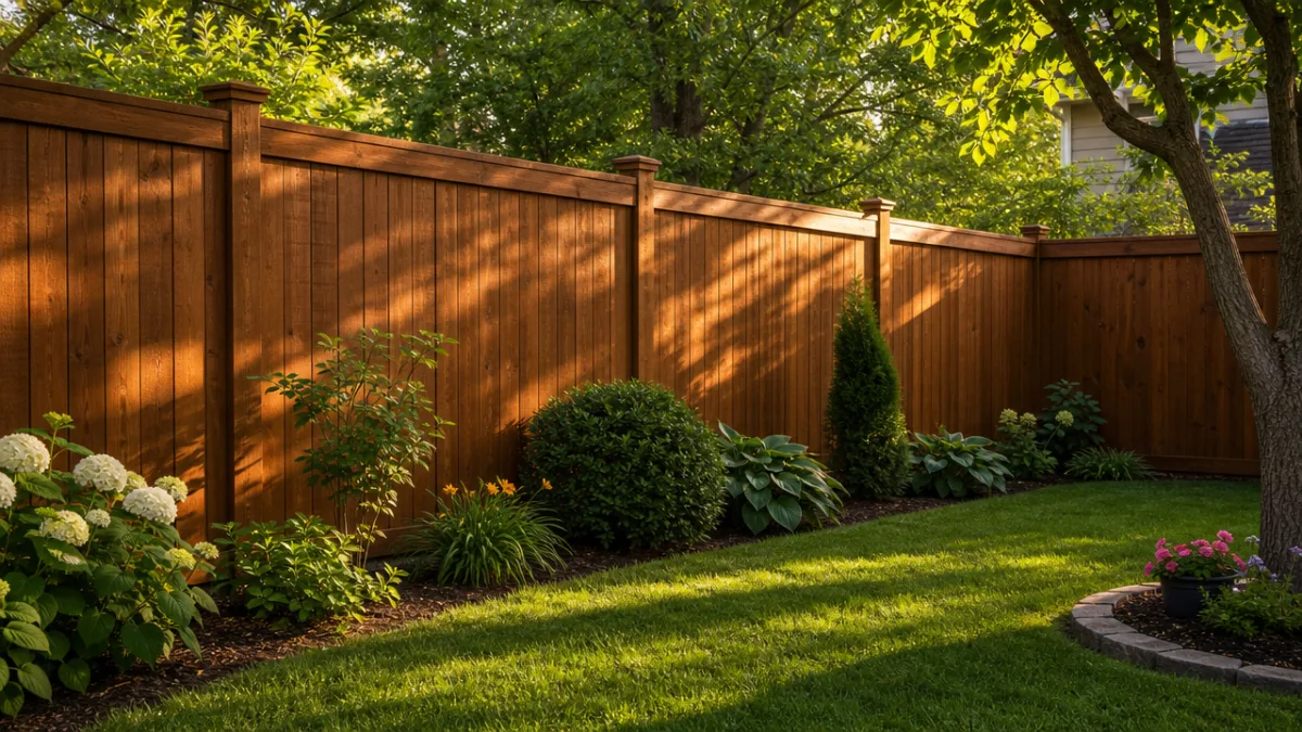 a freshly stained warm brown wooden fence in a lush green backyard,…
