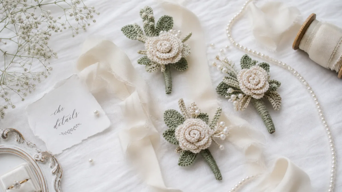 an elegant wedding detail flat lay with crochet boutonnieres, ribbons and pearls…