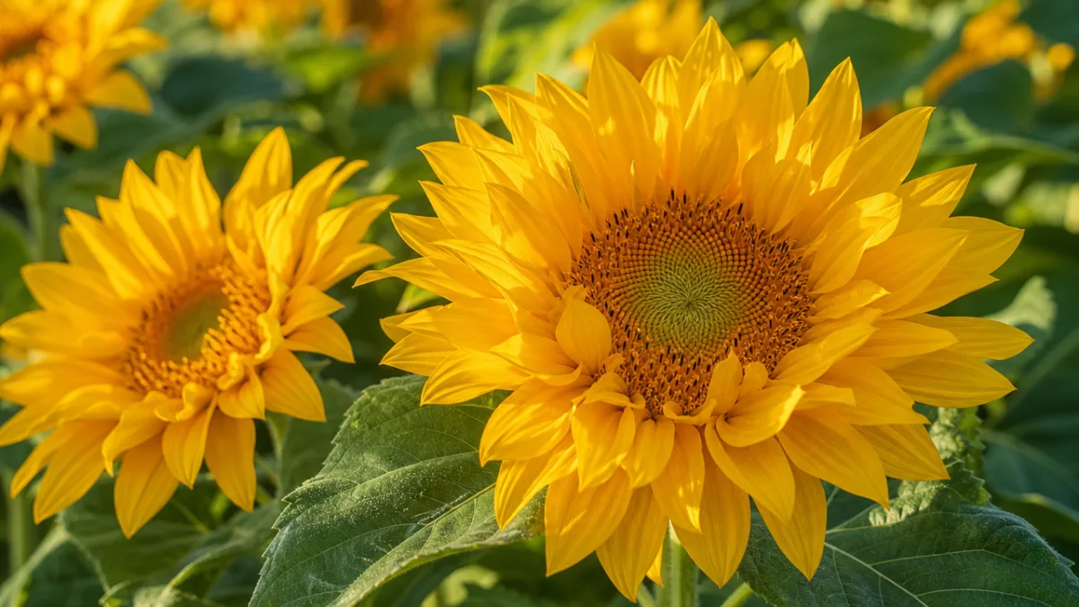 a close-up of golden semi-double sunflower blooms against soft green foliage, warm…