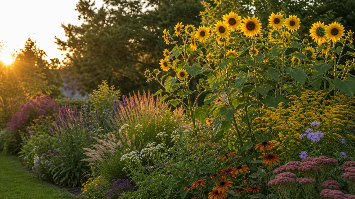 a lush late-summer garden border with tall yellow perennial sunflowers towering above,…
