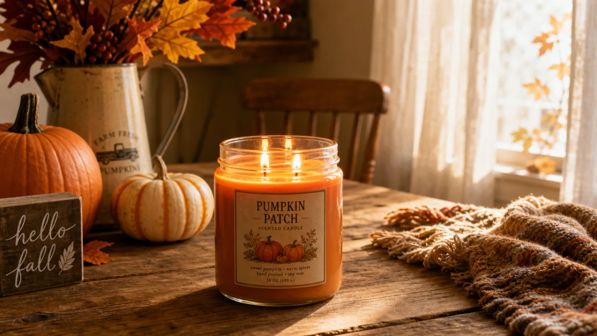 a rustic wooden table with an orange pumpkin patch candle glowing warmly,…