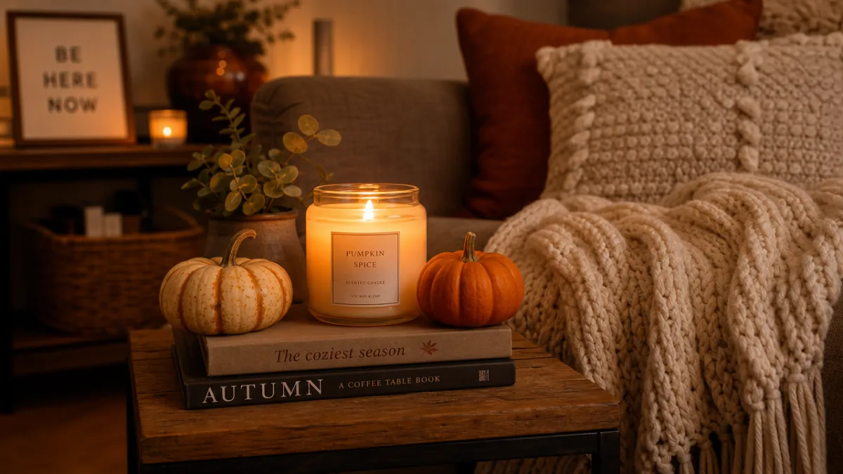 a cozy living room corner with a glowing candle, flanked by small…