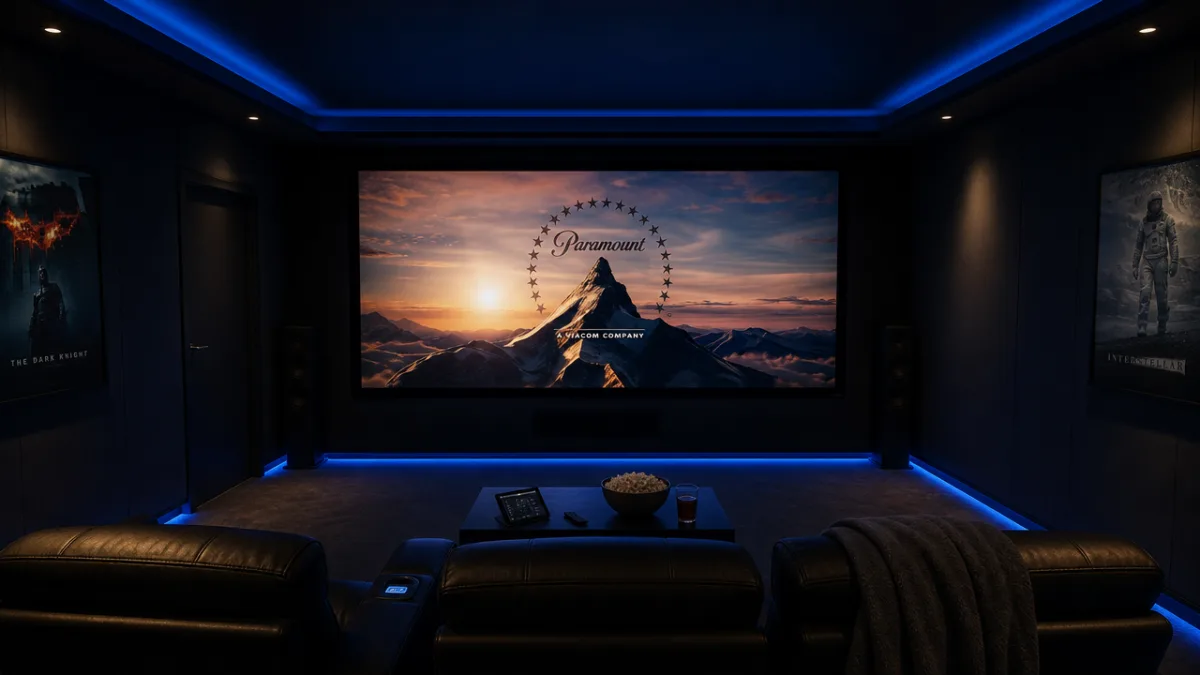 a darkened home theatre room with a large glowing projection screen, deep…