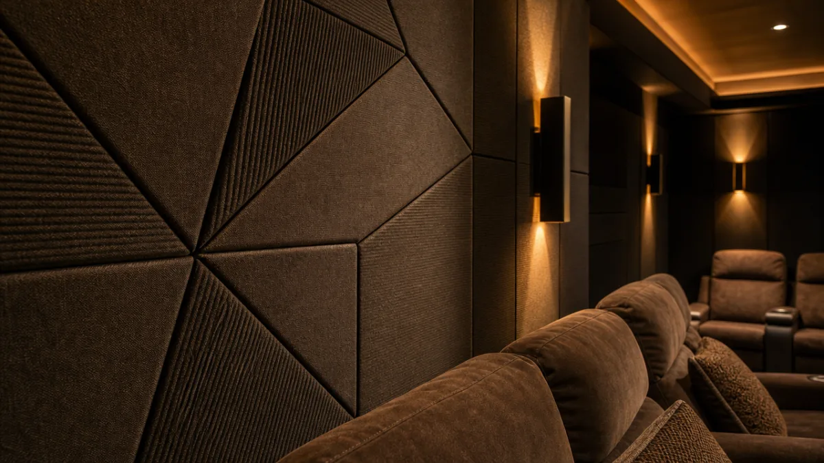 close-up of textured acoustic wall panels in a home theatre with warm…