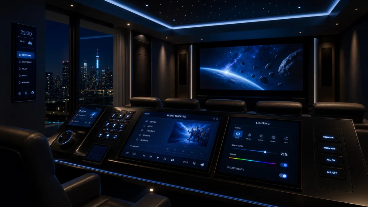 a luxurious home theatre control room setup at night, illuminated smart panels…