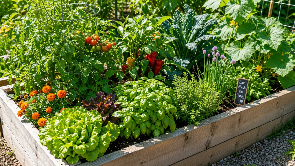 a thriving raised garden bed filled with colorful vegetables and herbs in…