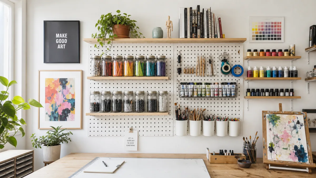 a well-organized art studio wall with pegboard, glass jars, and colorful supplies,…