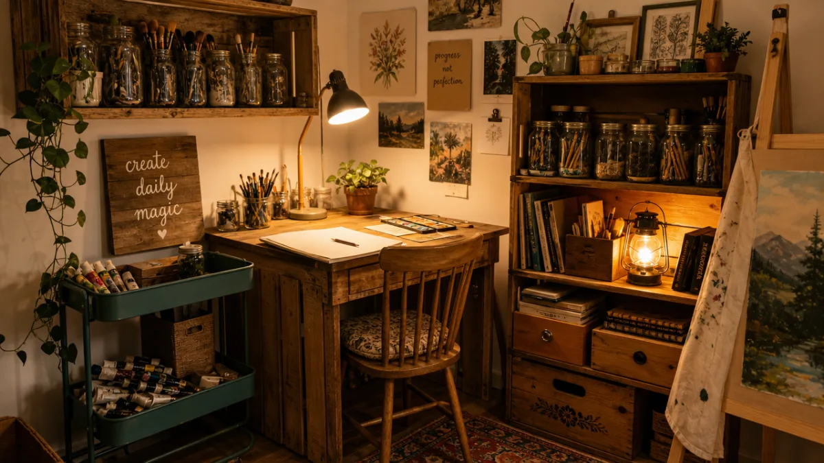 a cozy budget-friendly art studio corner with repurposed wooden furniture, mason jar…